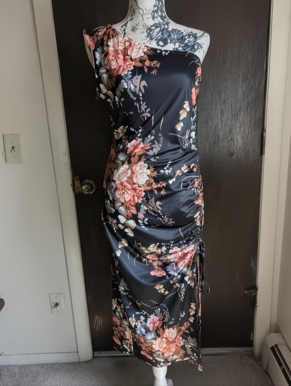 Black One-Shoulder Floral Ruched Maxi Dress with Coral Accents